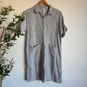 Eileen Fisher Linen Shirt Dress Gray Short Sleeve Button Front Size X-Small